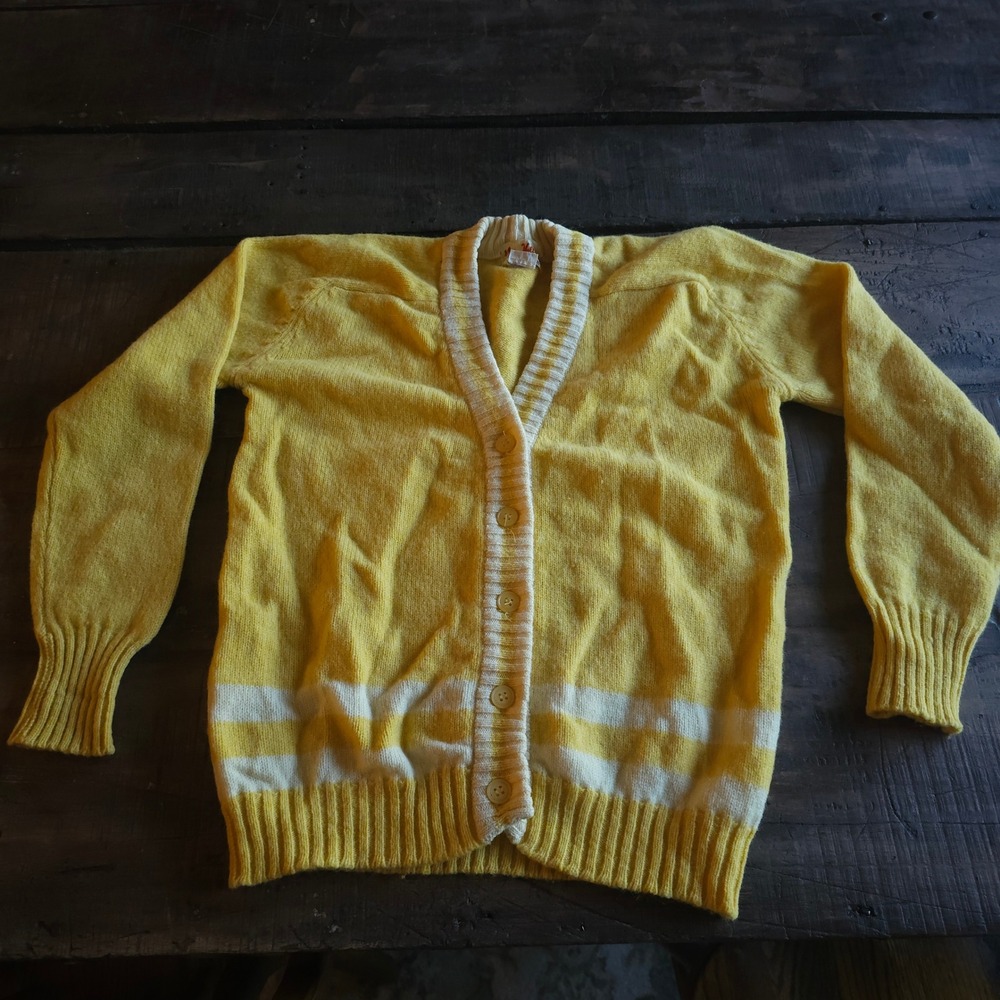 Vintage Miss Holly Yellow Wool Cardigan Sweater Striped V-Neck Japan 1970s 1960s - Picture 11 of 12